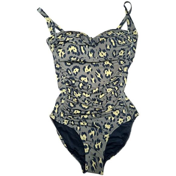 Betsey Johnson Olive Green Leopard Print Ruched One-Piece Swimsuit Swimwear M - Picture 1 of 5